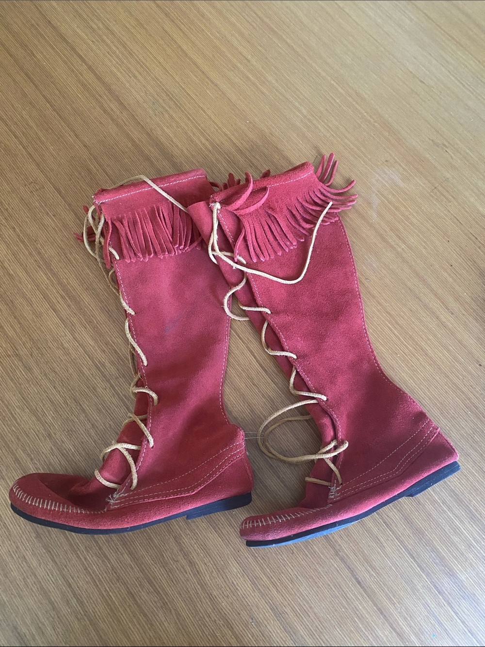 Minnetonka Red Sued Fringe Knee High Moccasin Lace up Boots 6/8